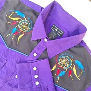 High Noon Western Shirt Men's Large Pearl Snap Button Up Purple W/ Dream Catcher
